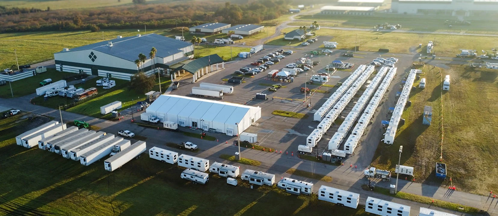An aerial view of a DRG logistics base camp deployed after Hurricane Millton, 2024.