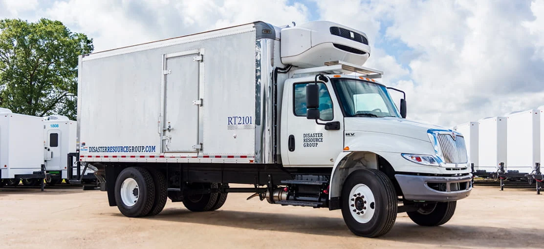 DRG refrigeration truck arrives at a disaster site.