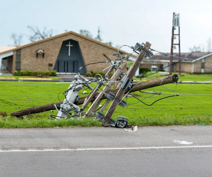 A downed telephone pole on a lawn in front of a church.