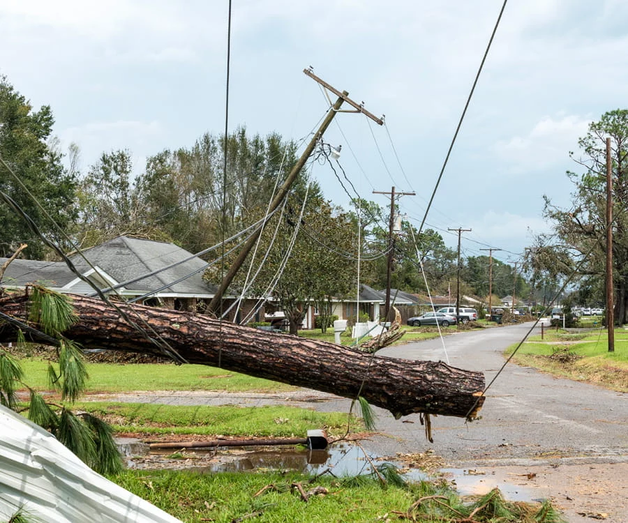 Damaged power lines and poles in a residential neighborhood.
