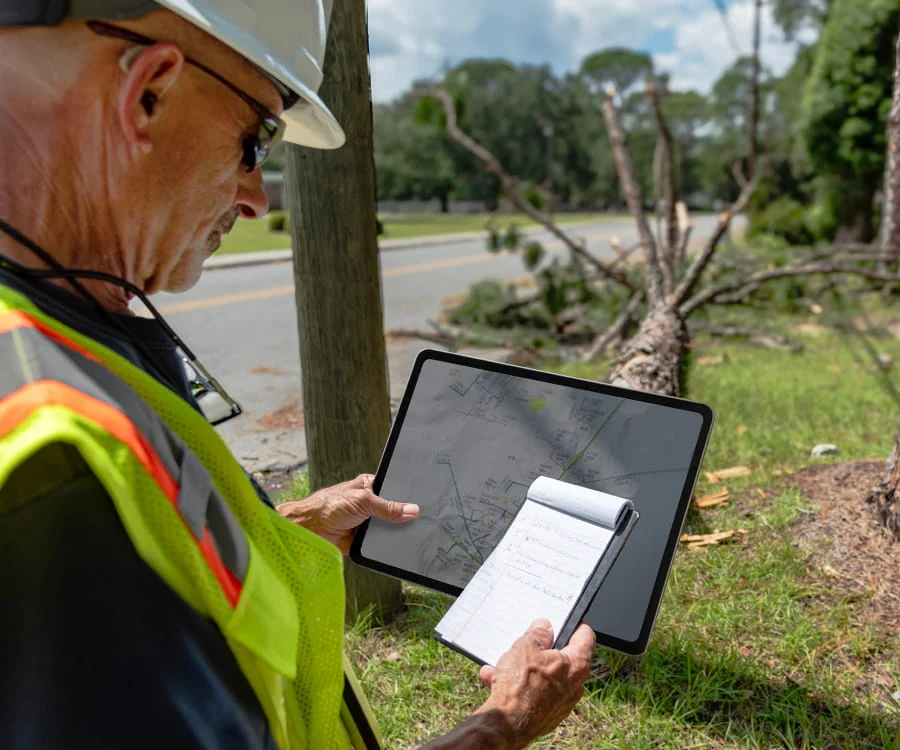 A DRG employee reviews disaster site damage on a notepad and tablet.
