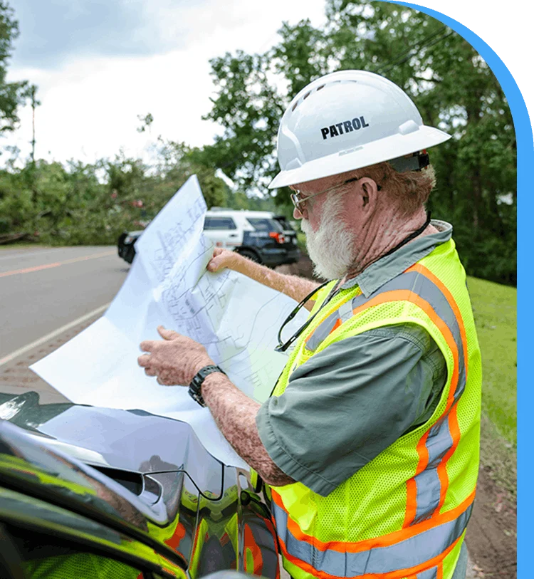 A DRG employee in a white hard hat and yellow vest surveys a map on a disaster site.