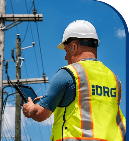 Utility worker wearing a hard hat and high-visibility safety vest uses a tablet while standing near electrical power poles and overhead lines under a clear blue sky.