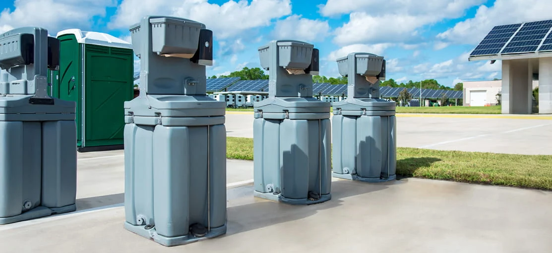 Mobile handwash stations on a disaster site.