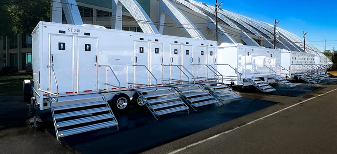 Steps to the back of mobile restroom trailers.