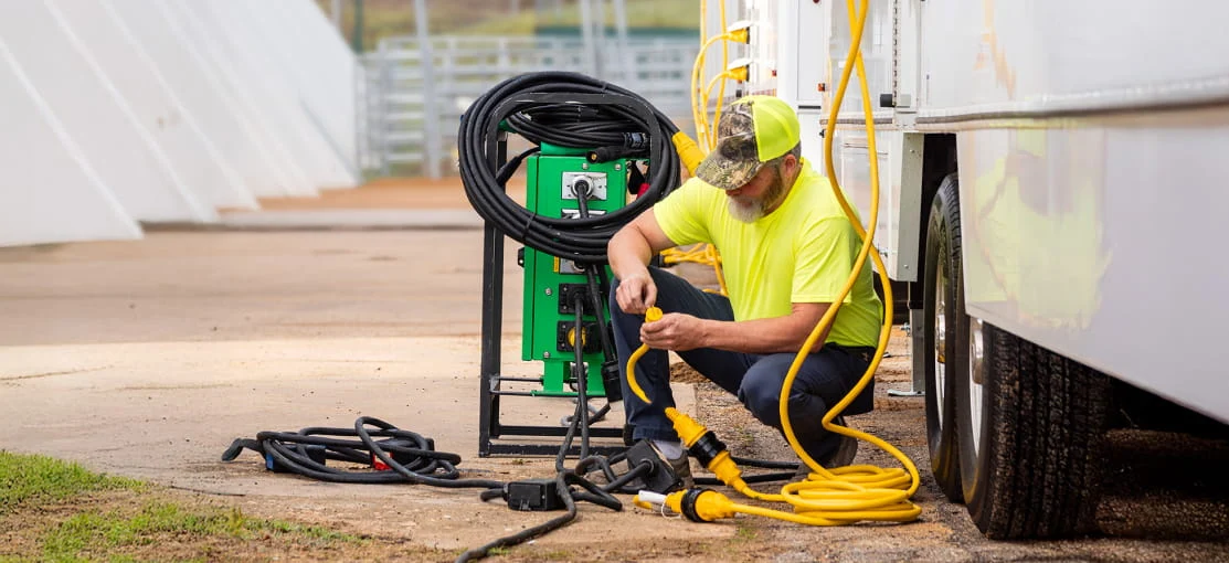 A DRG employee connects utility cables on a disaster site.