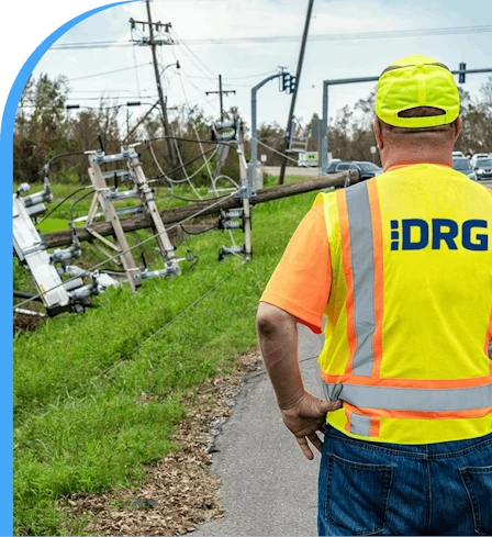 A DRG employee in a yellow vest surveys damage from a downed utility pole.